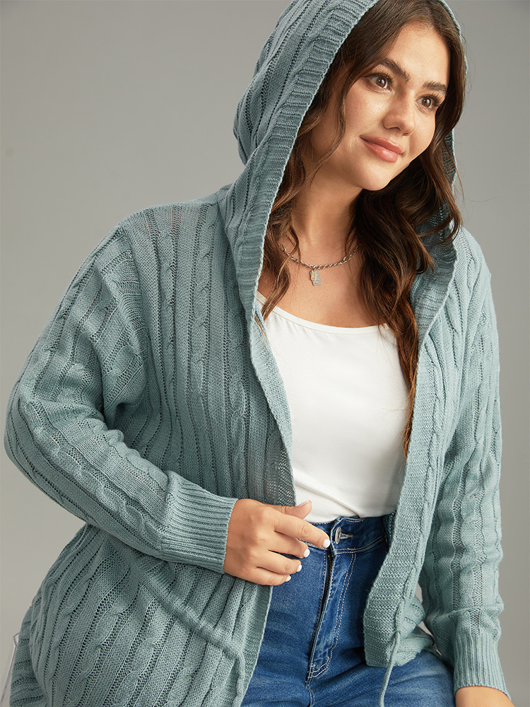 

Plus Size Cable Knit Drawstring Front Hooded Cardigan Emerald Women Casual Loose Long Sleeve Dailywear Cardigans BloomChic