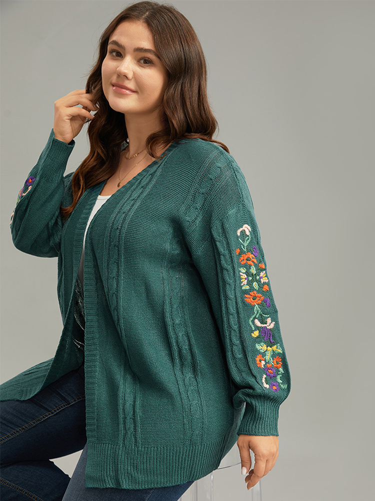 

Plus Size Floral Embroidered Cable Knit Lantern Sleeve Cardigan DarkGreen Women Casual Loose Long Sleeve Dailywear Cardigans BloomChic