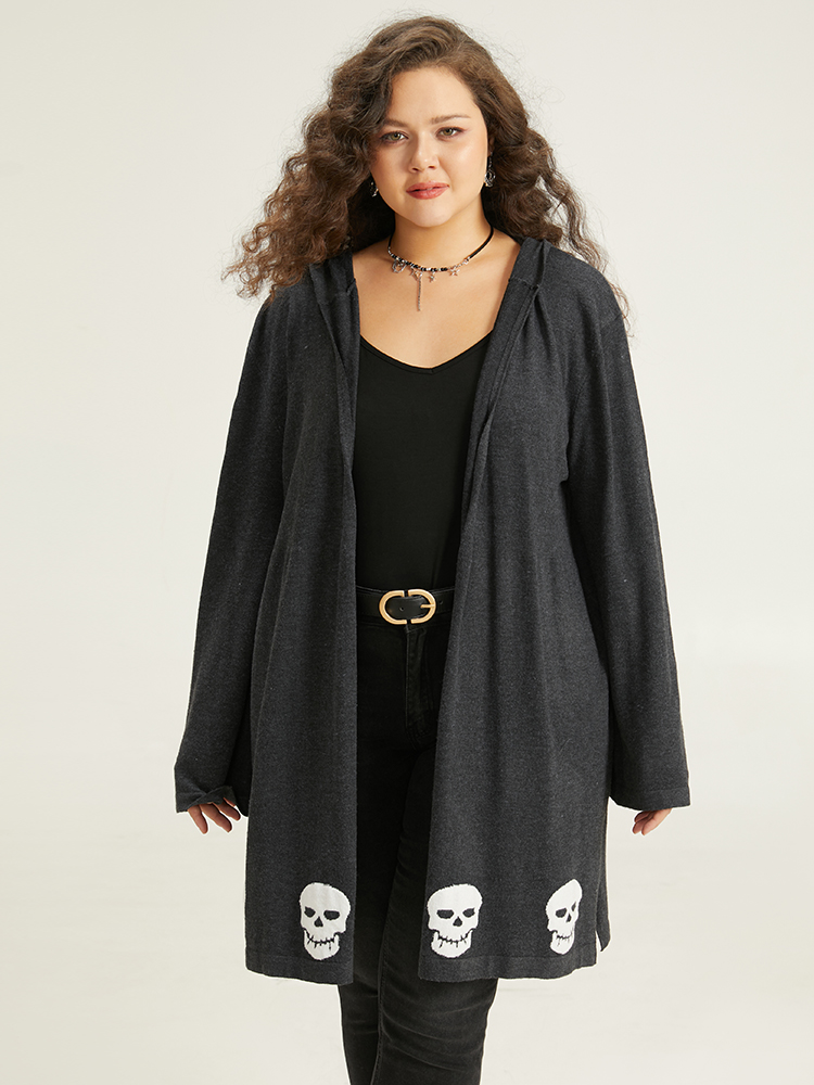 

Plus Size Halloween Skull Print Hooded Split Open Front Cardigan Black Women Casual Loose Long Sleeve Festival-Halloween Cardigans BloomChic