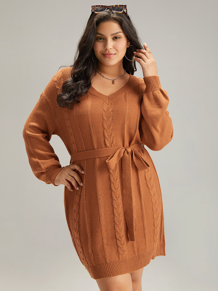 

Plus Size Cable Knit Belted Lantern Sleeve Sweater Dress Chocolate Women Casual Loose Long Sleeve Dailywear Sweater Dresses BloomChic