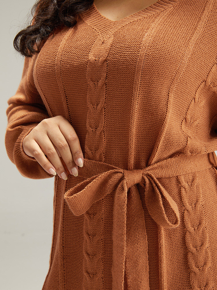 

Plus Size Cable Knit Belted Lantern Sleeve Sweater Dress Chocolate Women Casual Loose Long Sleeve Dailywear Sweater Dresses BloomChic