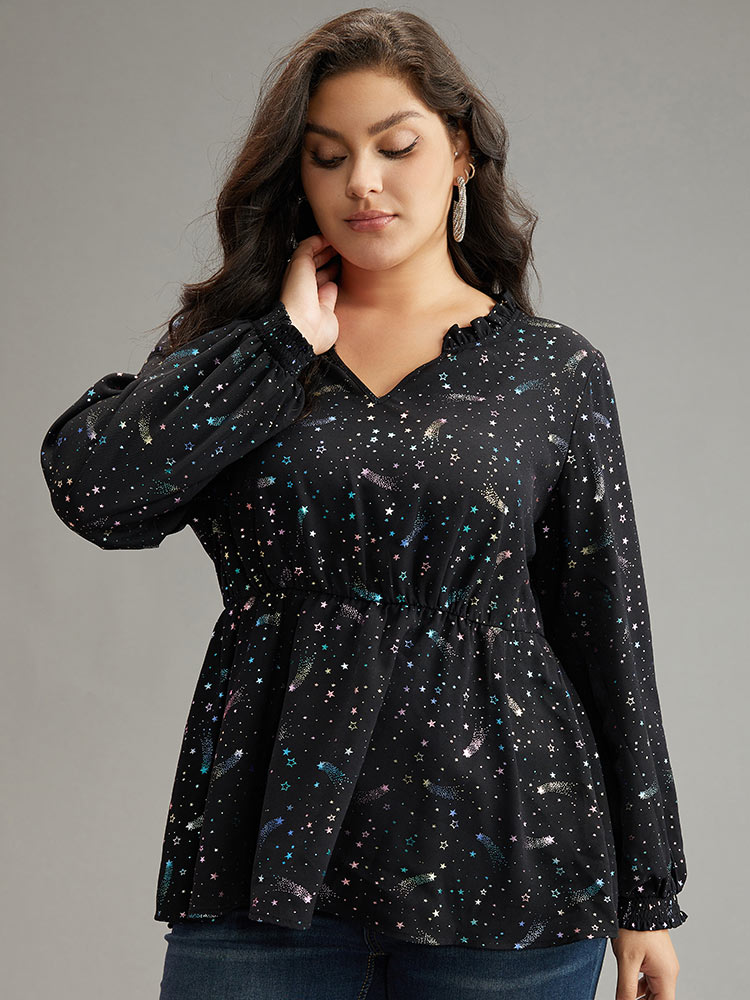 

Plus Size Black Star Glitter Shirred Frill Trim Lantern Sleeve Blouse Women Elegant Long Sleeve V-neck Dailywear Blouses BloomChic