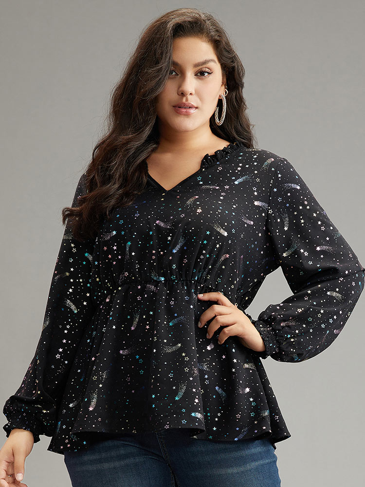 

Plus Size Black Star Glitter Shirred Frill Trim Lantern Sleeve Blouse Women Elegant Long Sleeve V-neck Dailywear Blouses BloomChic