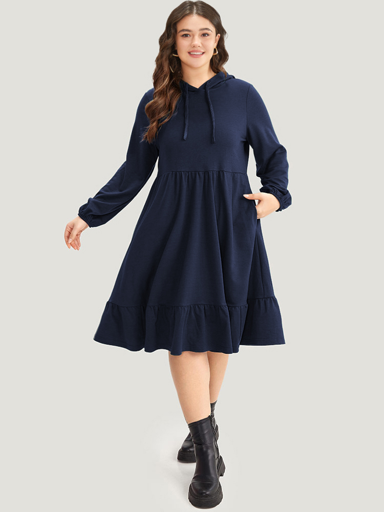 

Plus Size Hooded Lantern Sleeve Flutter Hem Dress Indigo Women Casual Elastic cuffs Hooded Long Sleeve Curvy Midi Dress BloomChic