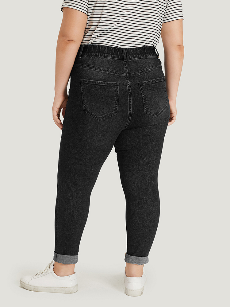 Plus Size Plain Elastic Waist Medium Wash Roll Hem Jeans Women Black Casual Plain Plain High stretch Pocket Jeans BloomChic 14/1X 