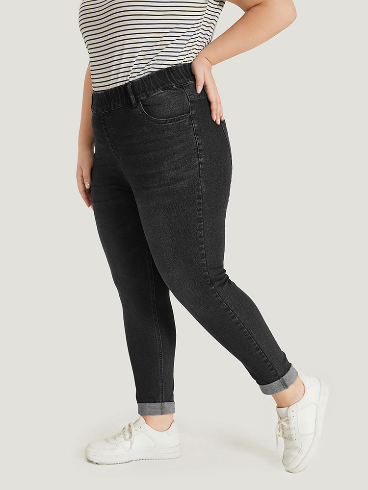 Plus Size Plain Elastic Waist Medium Wash Roll Hem Jeans Women Black Casual Plain Plain High stretch Pocket Jeans BloomChic 14/1X 