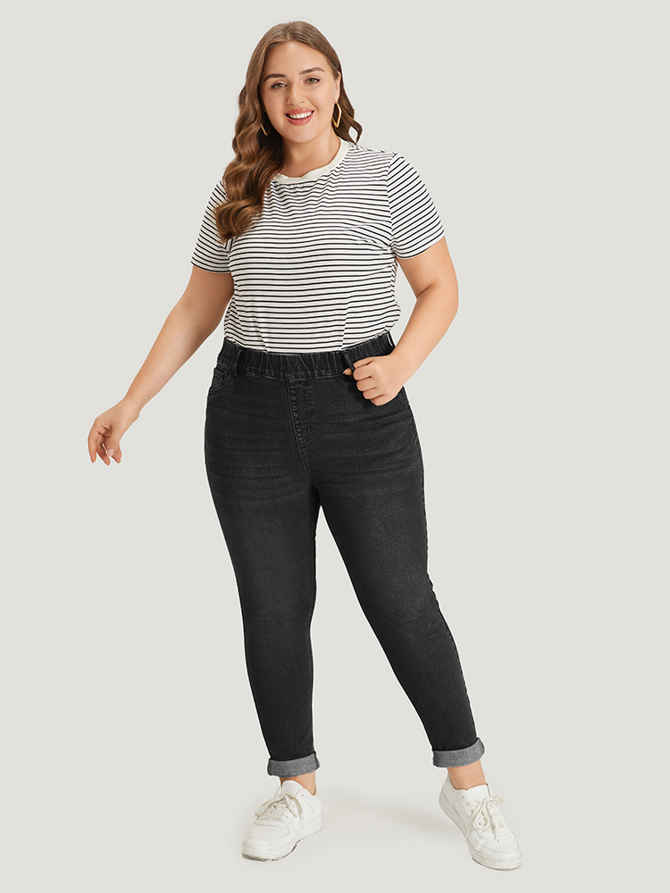Plus Size Plain Elastic Waist Medium Wash Roll Hem Jeans Women Black Casual Plain Plain High stretch Pocket Jeans BloomChic 14/1X 