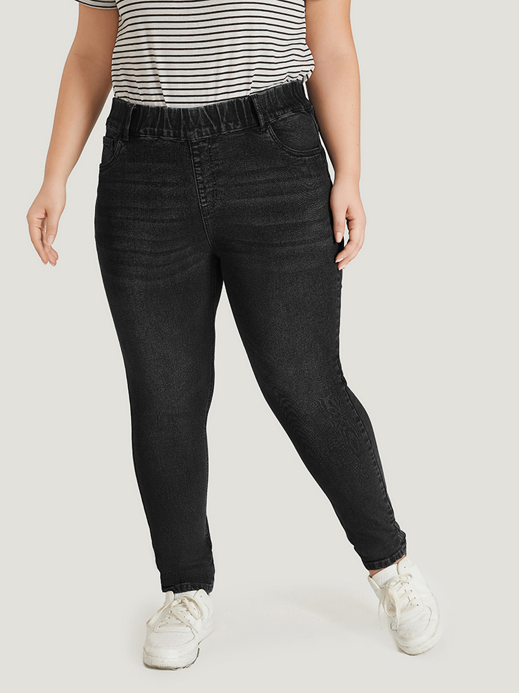 Plus Size Plain Elastic Waist Medium Wash Roll Hem Jeans Women Black Casual Plain Plain High stretch Pocket Jeans BloomChic 14/1X 