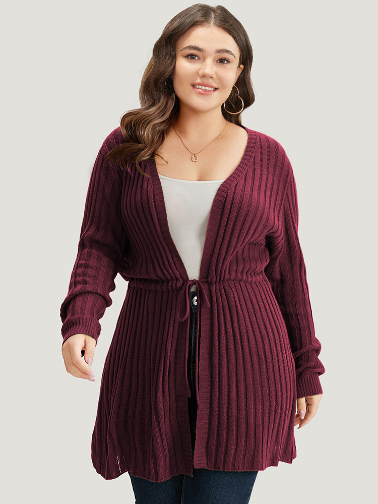 

Plus Size Rib Knit Drawstring Split Side Tunic Cardigan Scarlet Women Casual Loose Long Sleeve Dailywear Cardigans BloomChic