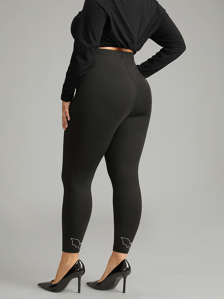 Plus Size Stretchy-Fit Rhinestone Elastic Waist Leggings Women Black Elegant High stretch Skinny High Rise Dailywear Leggings BloomChic 14-16/1X 