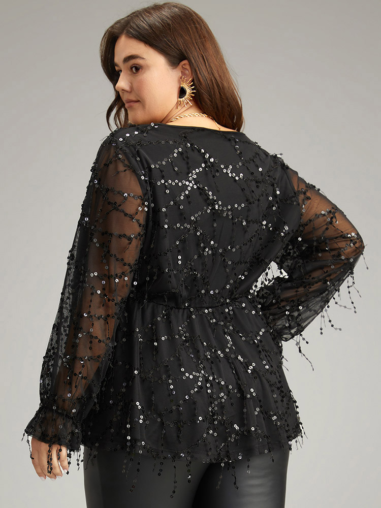 

Plus Size Black Halloween Sequin Mesh Elastic Waist Patchwork Blouse Women Glamour Long Sleeve V-neck Festival-Halloween Blouses BloomChic