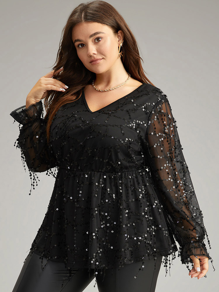 Plus Size Black Halloween Sequin Mesh Elastic Waist Patchwork Blouse Women Glamour Long Sleeve V-neck Festival-Halloween Blouses BloomChic 12/L 