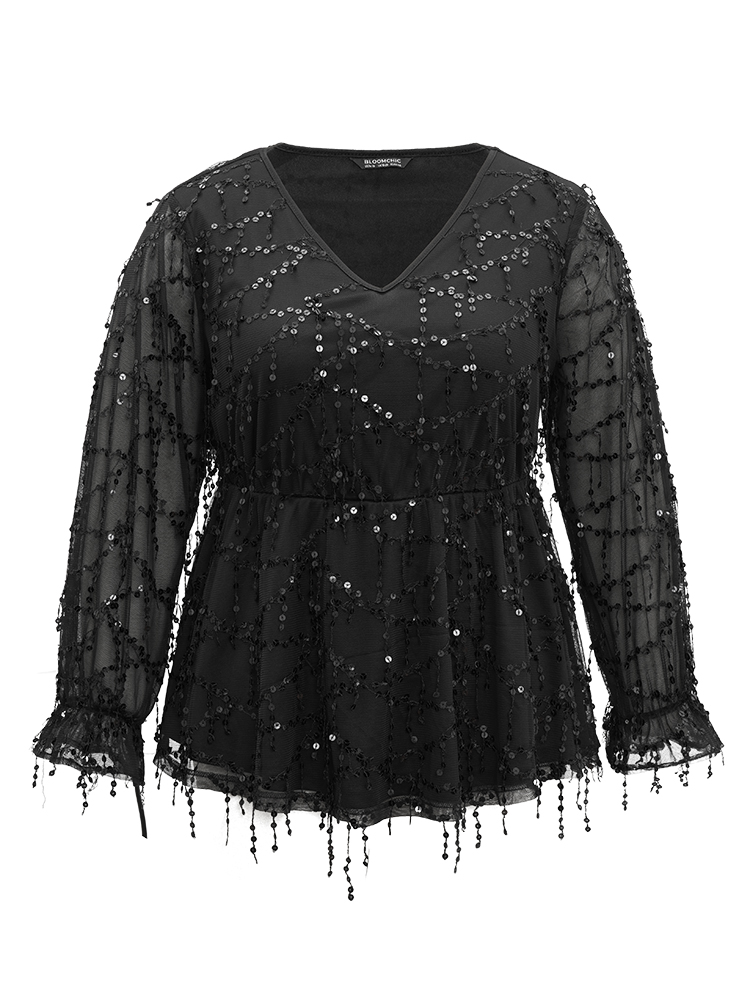 Plus Size Black Halloween Sequin Mesh Elastic Waist Patchwork Blouse Women Glamour Long Sleeve V-neck Festival-Halloween Blouses BloomChic 12/L 