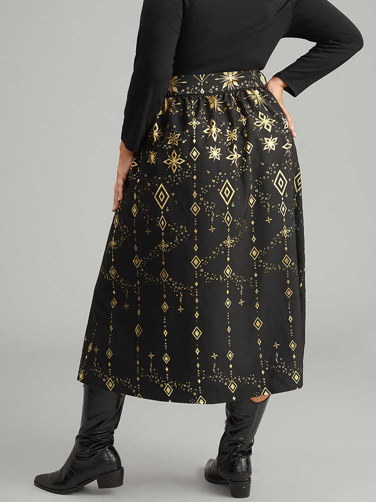 Plus Size Halloween Glitter Geometric Belted Pocket Skirt Women Black Elegant A-line No stretch Pocket Belt Festival-Halloween Skirts BloomChic 30/6X 