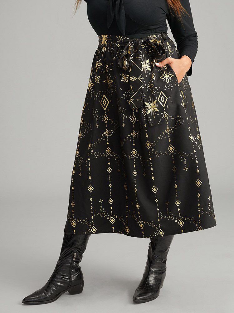 Plus Size Halloween Glitter Geometric Belted Pocket Skirt Women Black Elegant A-line No stretch Pocket Belt Festival-Halloween Skirts BloomChic 30/6X 
