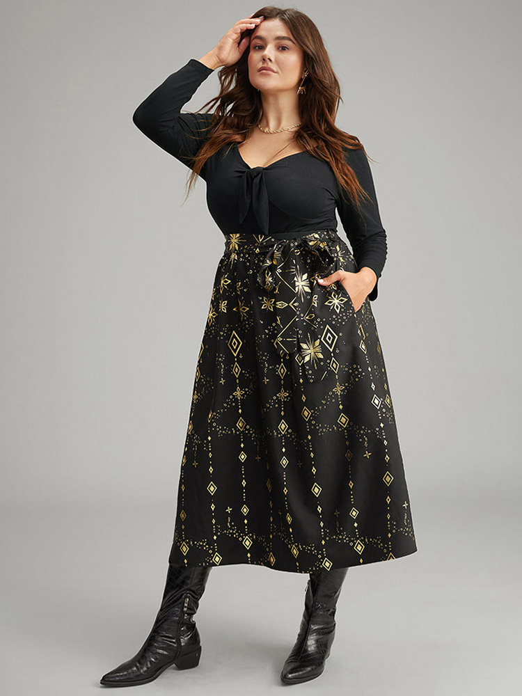 

Plus Size Halloween Glitter Geometric Belted Pocket Skirt Women Black Elegant A-line No stretch Pocket Belt Festival-Halloween Skirts BloomChic