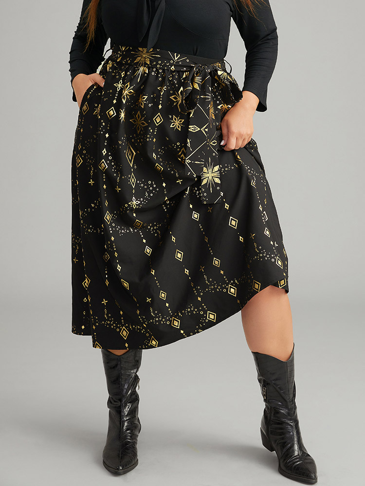 Plus Size Halloween Glitter Geometric Belted Pocket Skirt Women Black Elegant A-line No stretch Pocket Belt Festival-Halloween Skirts BloomChic 30/6X 