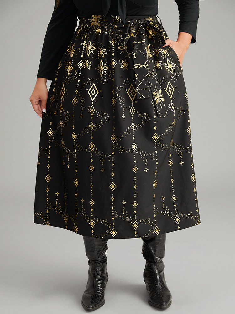 Plus Size Halloween Glitter Geometric Belted Pocket Skirt Women Black Elegant A-line No stretch Pocket Belt Festival-Halloween Skirts BloomChic 30/6X 