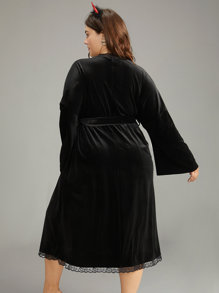 

Plus Size Guipure Lace Belted Open Front Robe Black Plain Plain Festival-Halloween Elegant Robes/Robes Sets  Bloomchic