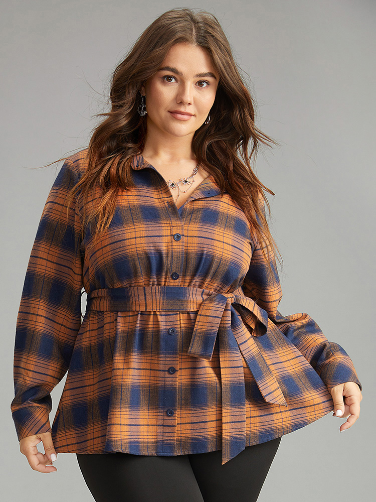 

Plus Size Chocolate Plaid Elastic Waist Shirt Collar Blouse Women Elegant Long Sleeve Shirt collar Dailywear Blouses BloomChic