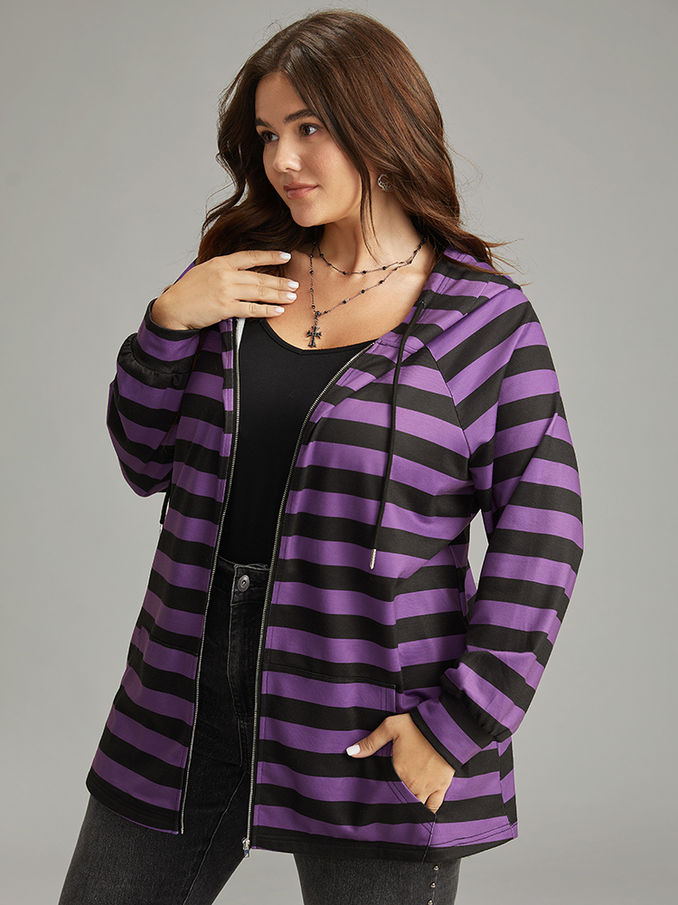 

Plus Size Striped Contrast Hooded Ties Sweatshirt Women Purple Casual Elastic cuffs Hooded Festival-Halloween Sweatshirts BloomChic