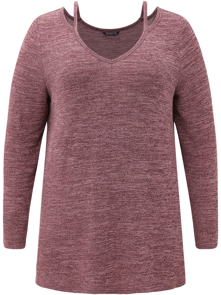 

Plus Size Solid Heather V Neck Cut Out T-shirt Burgundy Women Casual Heather Plain V-neck Everyday T-shirts BloomChic