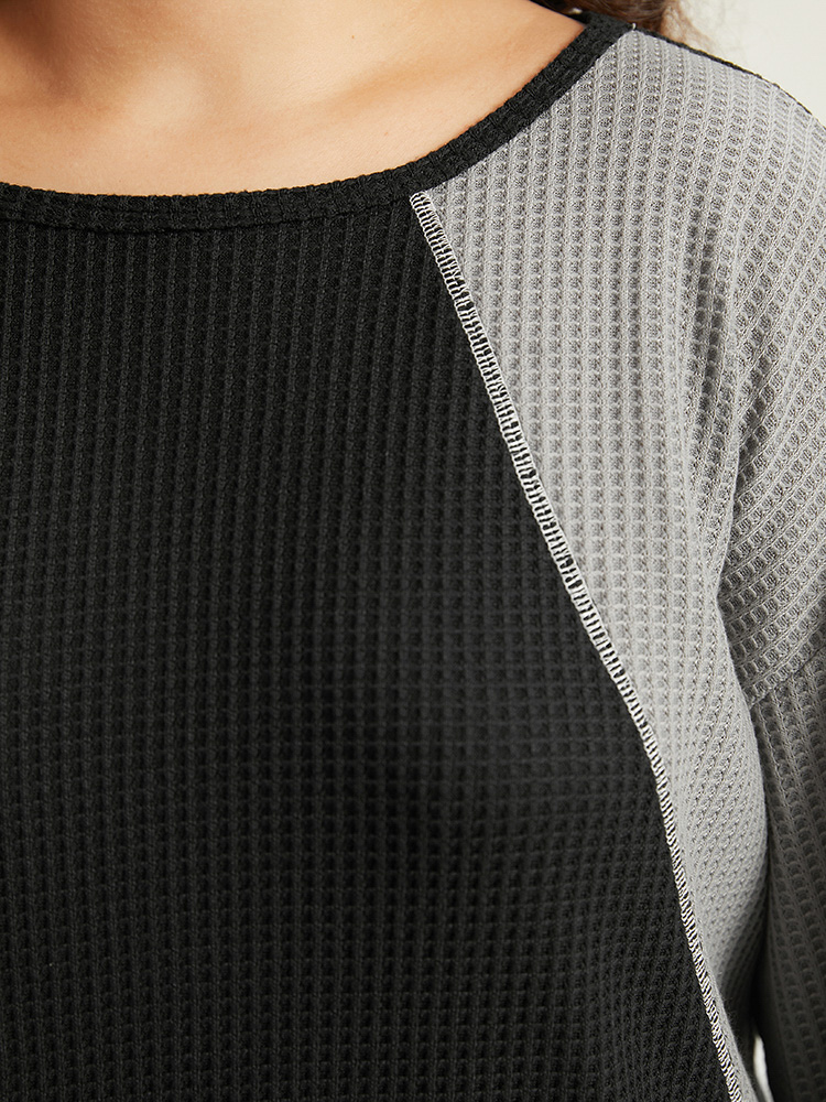 

Plus Size Waffle Knit Colorblock Contrast Stitch Sweatshirt Women Black Casual Elastic cuffs Round Neck Dailywear Sweatshirts BloomChic