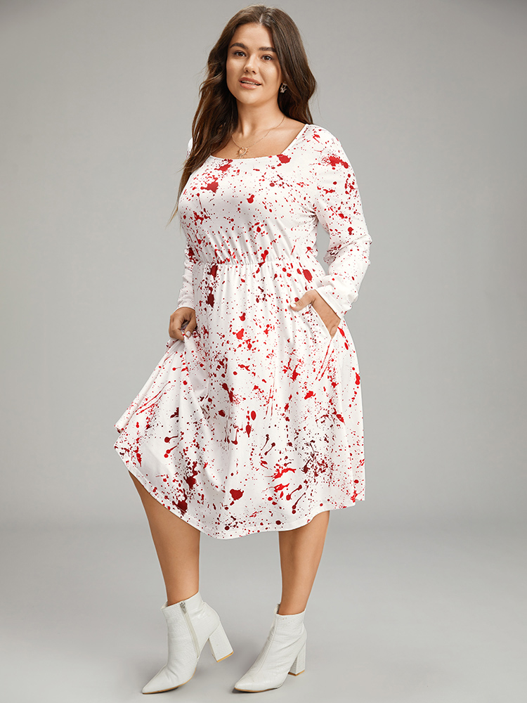 

Plus Size Halloween Blood Splatter Elastic Waist Dress White Women Elegant Printed Square Neck Long Sleeve Curvy Knee Dress BloomChic