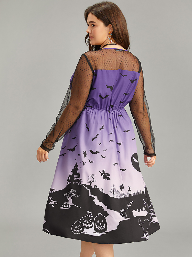 

Plus Size Halloween Graphic Pocket Mesh Patchwork Dress Purple Women Elegant See through Round Neck Long Sleeve Curvy Midi Dress BloomChic