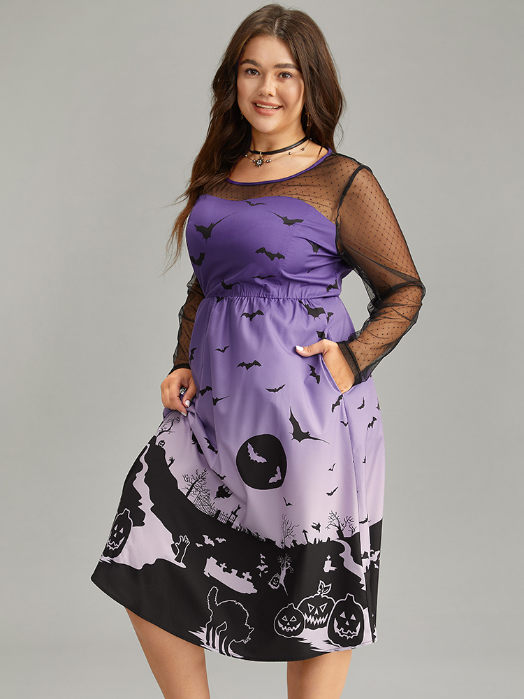 Plus Size Women Festival-Halloween Graphic-Halloween See through Regular Sleeve Long Sleeve Round Neck Pocket Elegant Dresses BloomChic 
