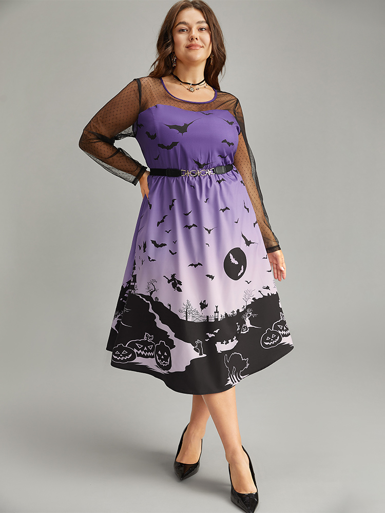 

Plus Size Halloween Graphic Pocket Mesh Patchwork Dress Purple Women Elegant See through Round Neck Long Sleeve Curvy Midi Dress BloomChic