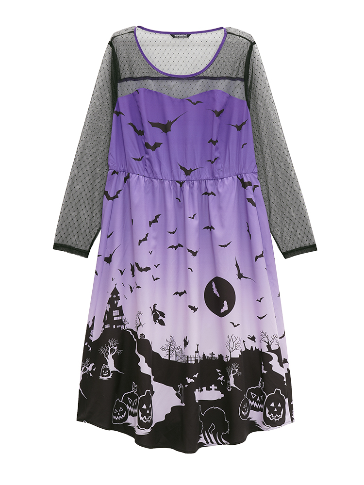 Plus Size Women Festival-Halloween Graphic-Halloween See through Regular Sleeve Long Sleeve Round Neck Pocket Elegant Dresses BloomChic 