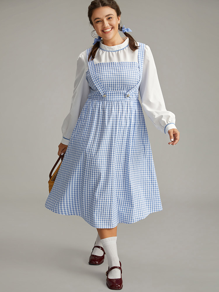 

Plus Size Halloween Gingham Puff Sleeve Button Detail Dress Cerulean Women Elegant Printed Mock Neck Long Sleeve Curvy Midi Dress BloomChic