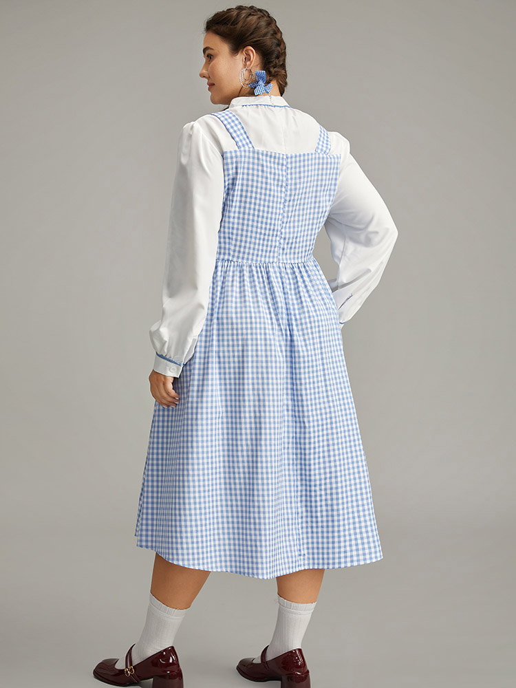 Plus Size Halloween Gingham Puff Sleeve Button Detail Dress Cerulean Women Elegant Printed Mock Neck Long Sleeve Curvy Midi Dress BloomChic 14-16/1X 