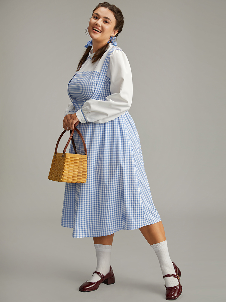Plus Size Halloween Gingham Puff Sleeve Button Detail Dress Cerulean Women Elegant Printed Mock Neck Long Sleeve Curvy Midi Dress BloomChic 14-16/1X 