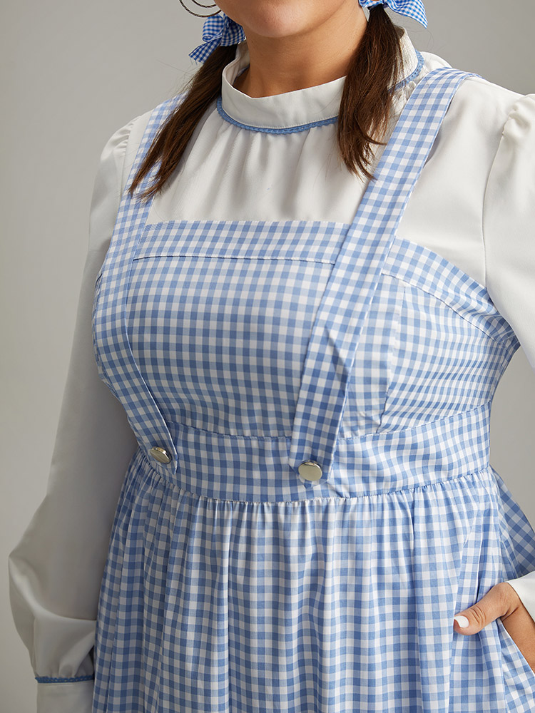 

Plus Size Halloween Gingham Puff Sleeve Button Detail Dress Cerulean Women Elegant Printed Mock Neck Long Sleeve Curvy Midi Dress BloomChic