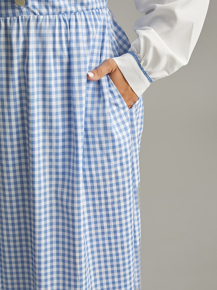 Plus Size Halloween Gingham Puff Sleeve Button Detail Dress Cerulean Women Elegant Printed Mock Neck Long Sleeve Curvy Midi Dress BloomChic 14-16/1X 