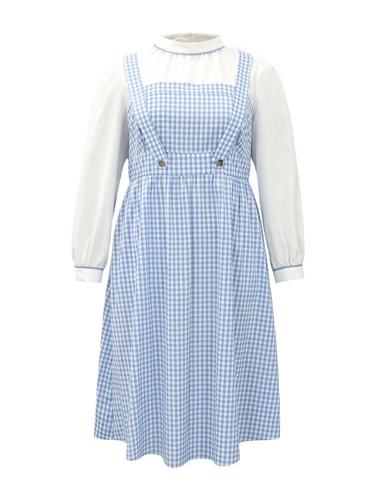 Plus Size Halloween Gingham Puff Sleeve Button Detail Dress Cerulean Women Elegant Printed Mock Neck Long Sleeve Curvy Midi Dress BloomChic 14-16/1X 