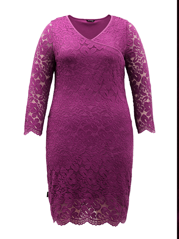 

Plus Size Crochet Lace Mesh Scalloped Trim Dress Purple Women Plain V-neck Long Sleeve Curvy Knee Dress BloomChic