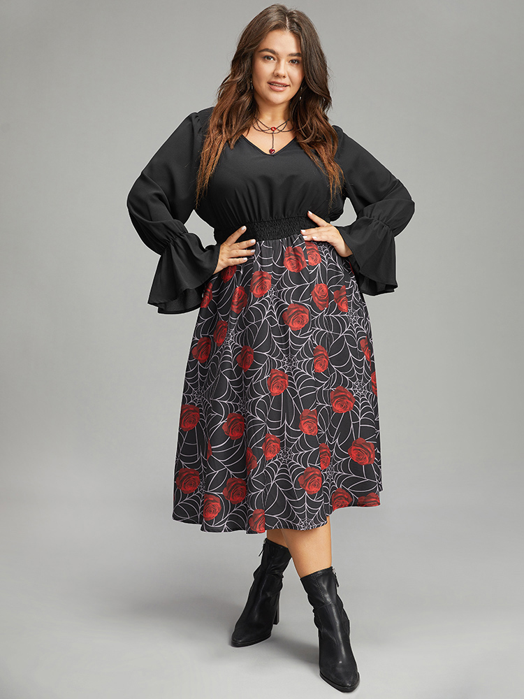 

Plus Size Halloween Rose Ruffles Shirred Elastic Waist Dress Black Women Casual Printed V-neck Long Sleeve Curvy Midi Dress BloomChic