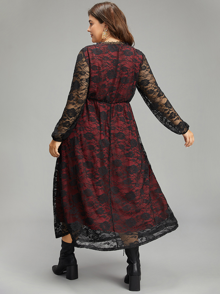 

Plus Size Halloween Rose Crochet Lace Mesh Square Neck Dress Black Women Casual See through Square Neck Long Sleeve Curvy Midi Dress BloomChic