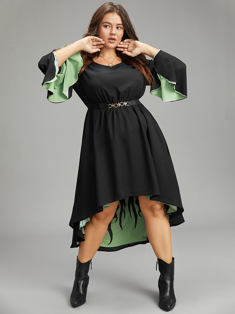 

Plus Size Halloween Contrast Split Bell Sleeve High Low Hem Dress Black Women Glamour Lined Round Neck Long Sleeve Curvy Midi Dress BloomChic