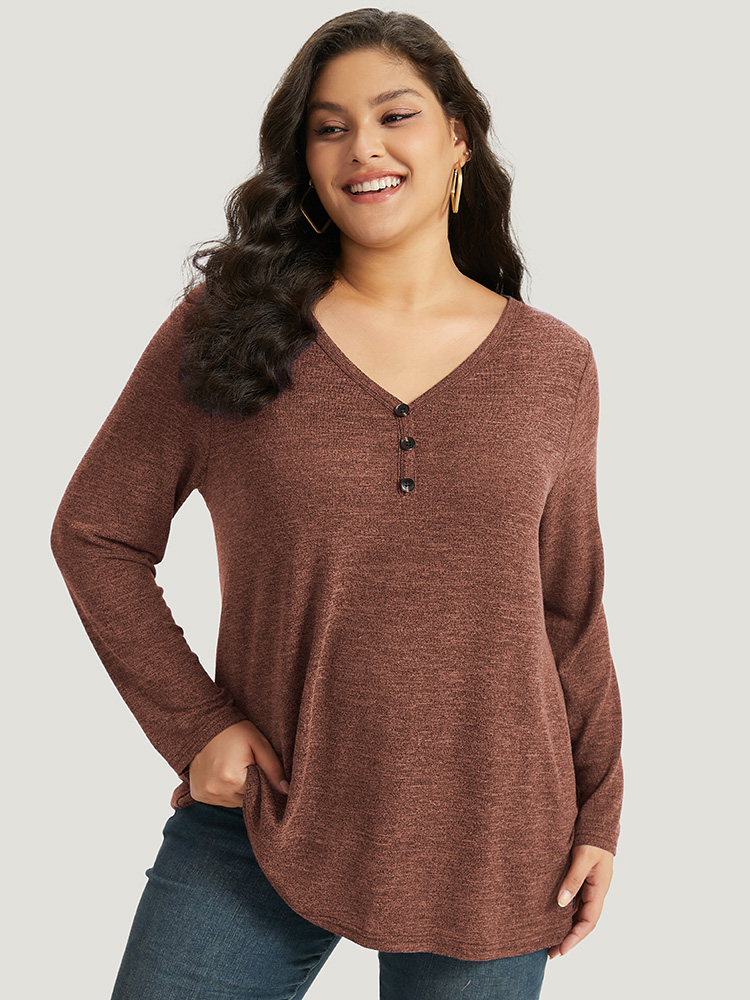 

Plus Size Heather Button Up Long Sleeve T-shirt Rust Women Casual Heather Plain V-neck Everyday T-shirts BloomChic