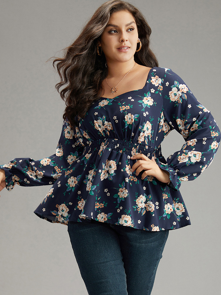 

Plus Size Indigo Floral Square Neck Shirred Lantern Sleeve Blouse Women Elegant Long Sleeve Square Neck Dailywear Blouses BloomChic