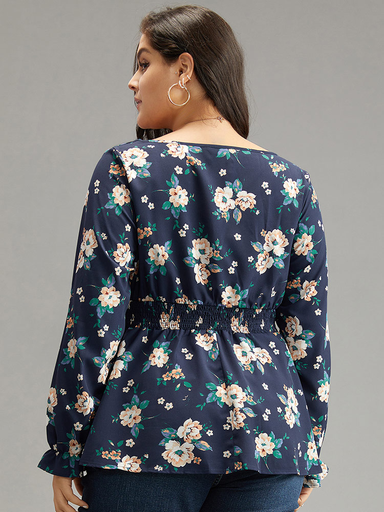 Plus Size Indigo Floral Square Neck Shirred Lantern Sleeve Blouse Women Elegant Long Sleeve Square Neck Dailywear Blouses BloomChic 14-16/1X 