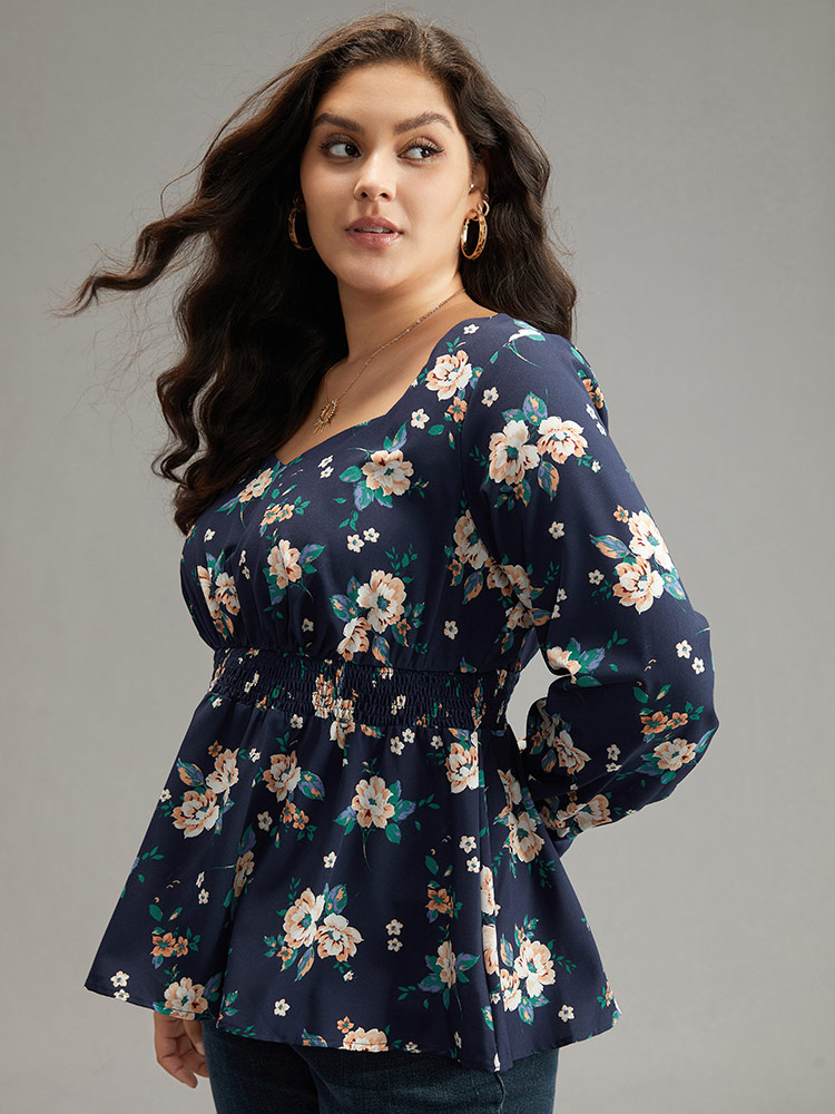 Plus Size Indigo Floral Square Neck Shirred Lantern Sleeve Blouse Women Elegant Long Sleeve Square Neck Dailywear Blouses BloomChic 14-16/1X 