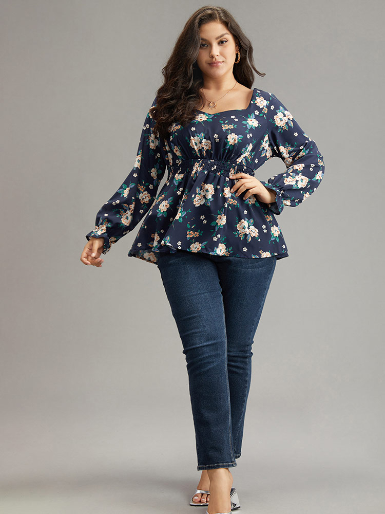 Plus Size Indigo Floral Square Neck Shirred Lantern Sleeve Blouse Women Elegant Long Sleeve Square Neck Dailywear Blouses BloomChic 14-16/1X 