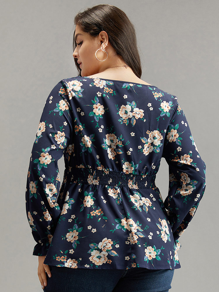 Plus Size Indigo Floral Square Neck Shirred Lantern Sleeve Blouse Women Elegant Long Sleeve Square Neck Dailywear Blouses BloomChic 14-16/1X 