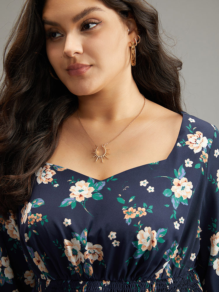 Plus Size Indigo Floral Square Neck Shirred Lantern Sleeve Blouse Women Elegant Long Sleeve Square Neck Dailywear Blouses BloomChic 14-16/1X 