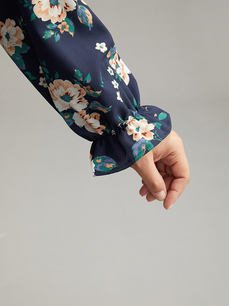 Plus Size Indigo Floral Square Neck Shirred Lantern Sleeve Blouse Women Elegant Long Sleeve Square Neck Dailywear Blouses BloomChic 14-16/1X 